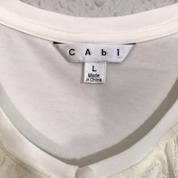 CAbi Off White Lace Ruffle Front Long Sleeve Stretch Knit T-Shirt size L - Picture 2 of 8